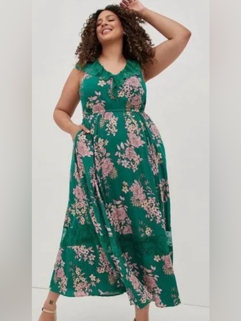 torrid Teal Maxi Dress with Pink Floral Lace Trim